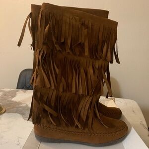 Brown Moccasin Boots with Fringe